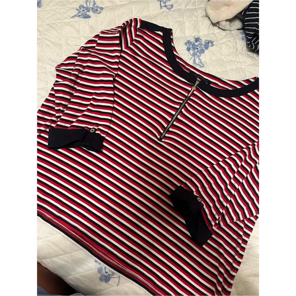 Tommy Hilfiger Red, White & Black Striped Zip-Front Top